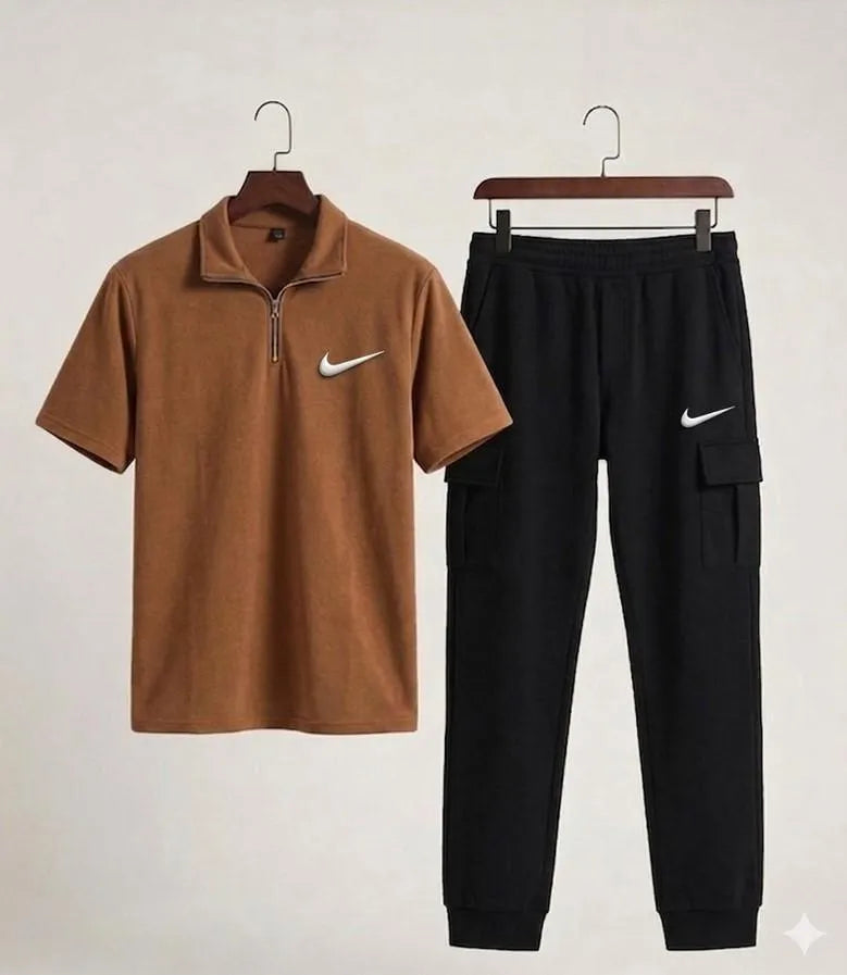 Nike Premium Dri-Fit Ban Collar Tracksuit with Cargo Trouser - Brown & Black