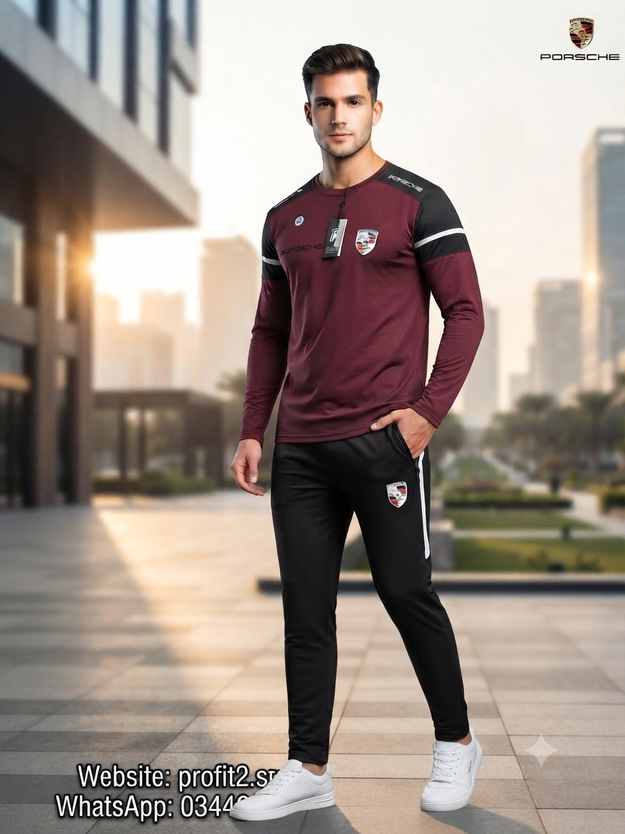 Premium Porsche Men's Maroon & Black Limited Edition Dry-Fit Tracksuit Set
