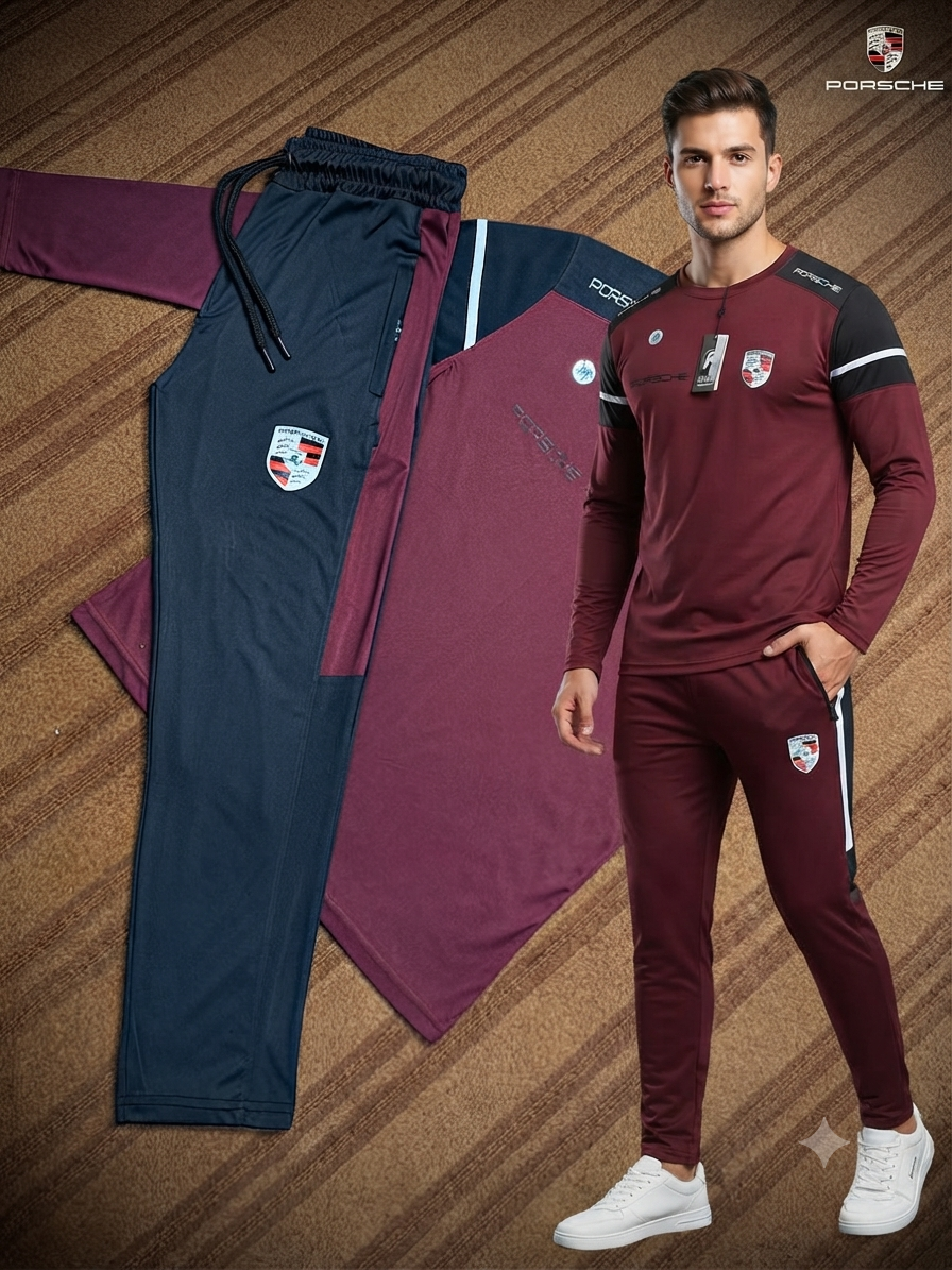 Premium Porsche Men's Maroon & Black Limited Edition Dry-Fit Tracksuit Set