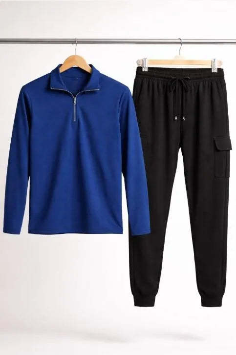 Men's Premium Blue Half-Zipper Dri-Fit Tracksuit Combo
Stylish 2-Piece High Neck Collar Shirt & Cargo Jogger Set
