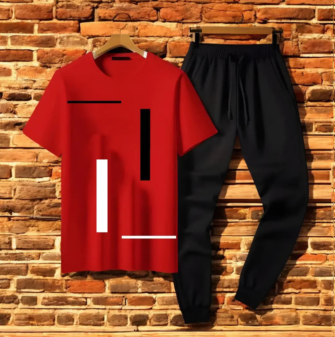 Men's Premium Red Printed Jersey Tracksuit Combo 
Stylish 2-Piece Round Neck Workout Fitness Gym Wear