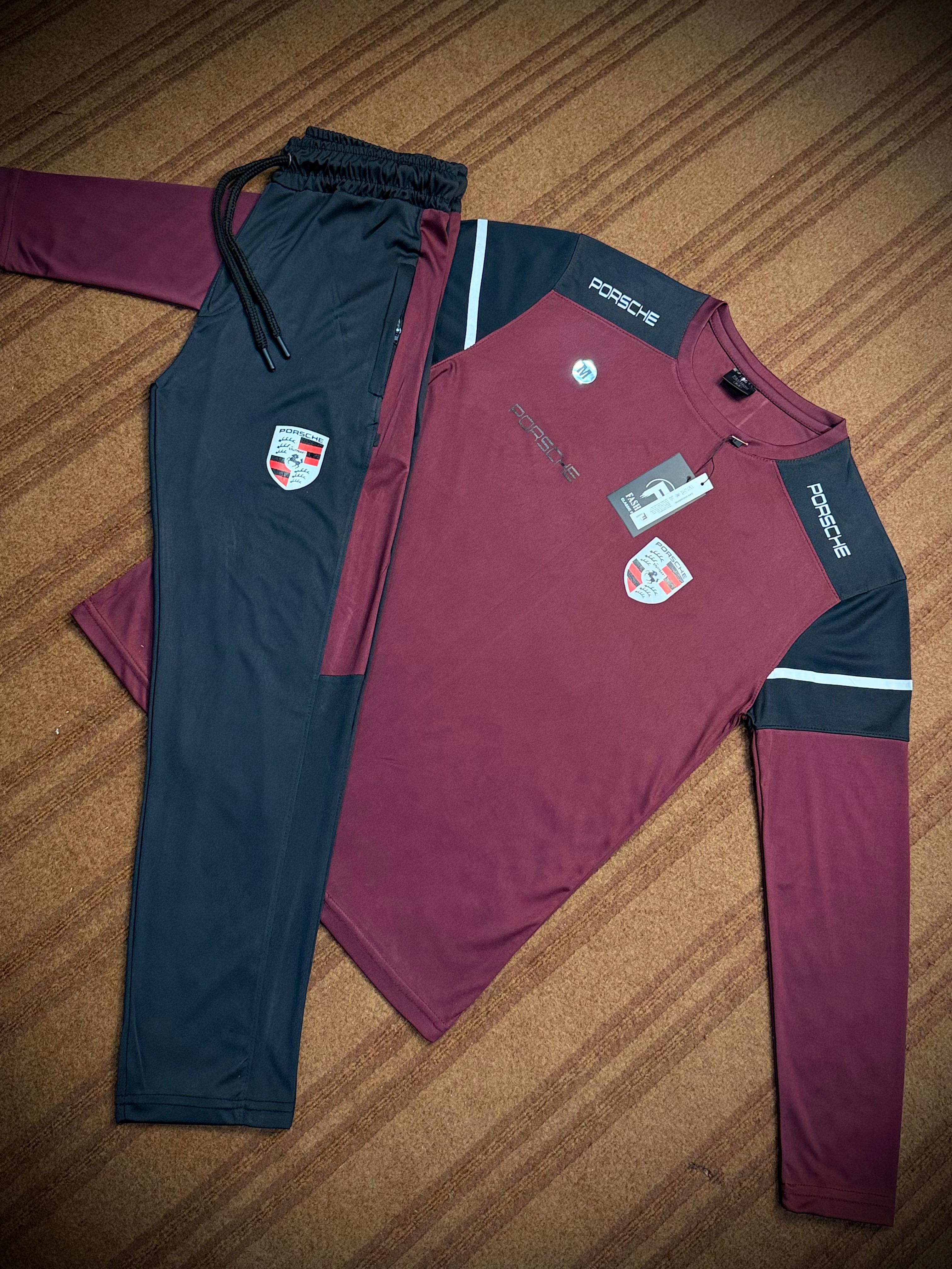 Premium Porsche Men's Maroon & Black Limited Edition Dry-Fit Tracksuit Set