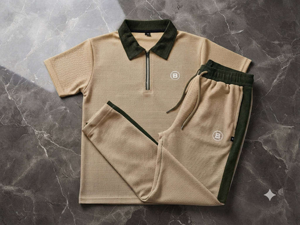 Premium Men's "Design IB" Beige & Dark Green Dry-Fit Tracksuit Set