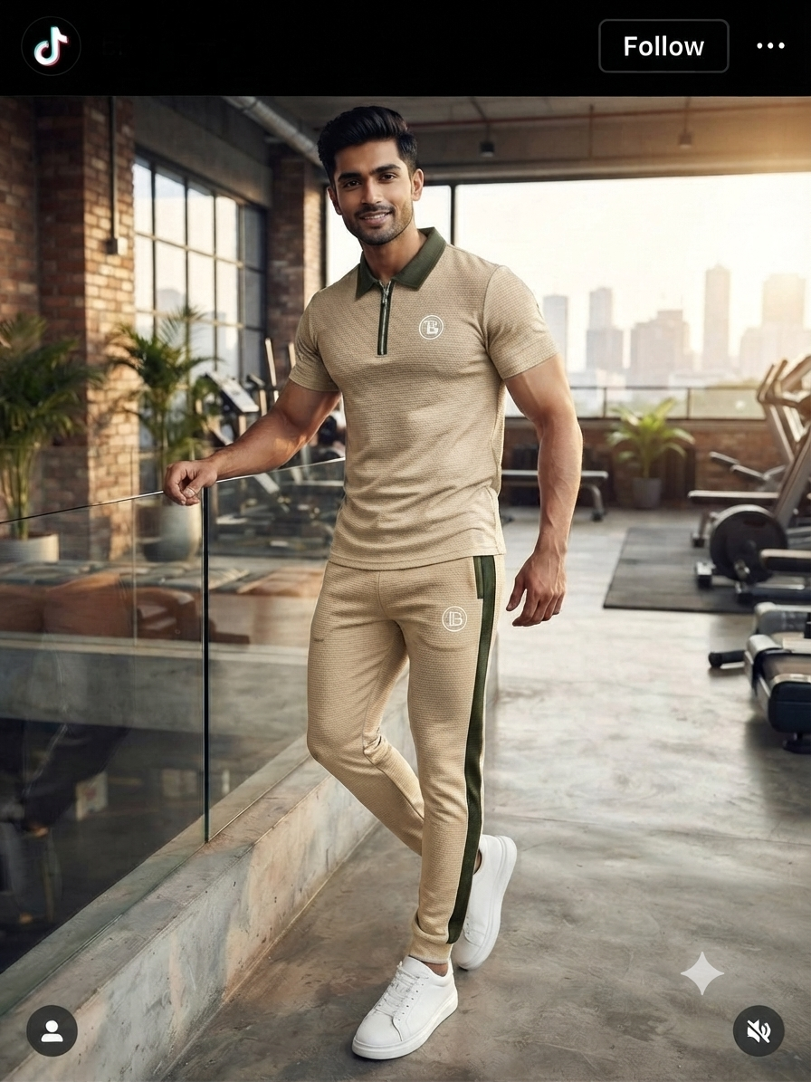 Premium Men's "Design IB" Beige & Dark Green Dry-Fit Tracksuit Set