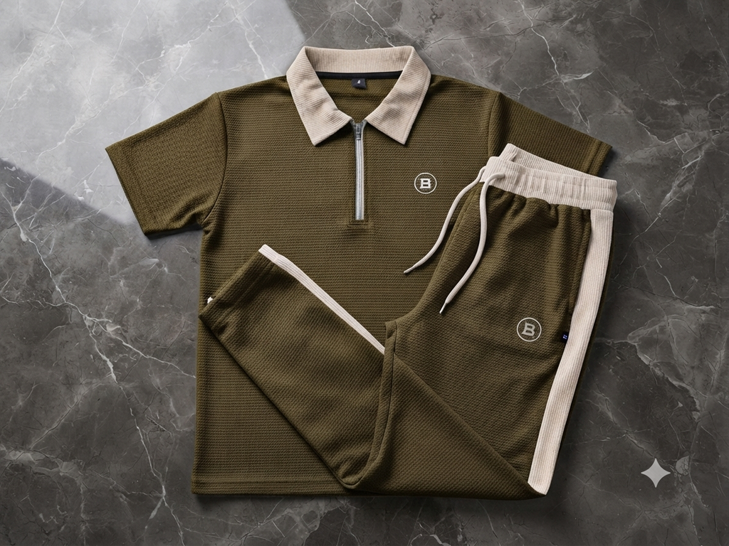 Premium Men's "Design IB" Olive Green & Beige Dry-Fit Tracksuit Set