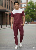 Men's Premium Dri-Fit Colorblock Maroon Round Neck Tracksuit Set