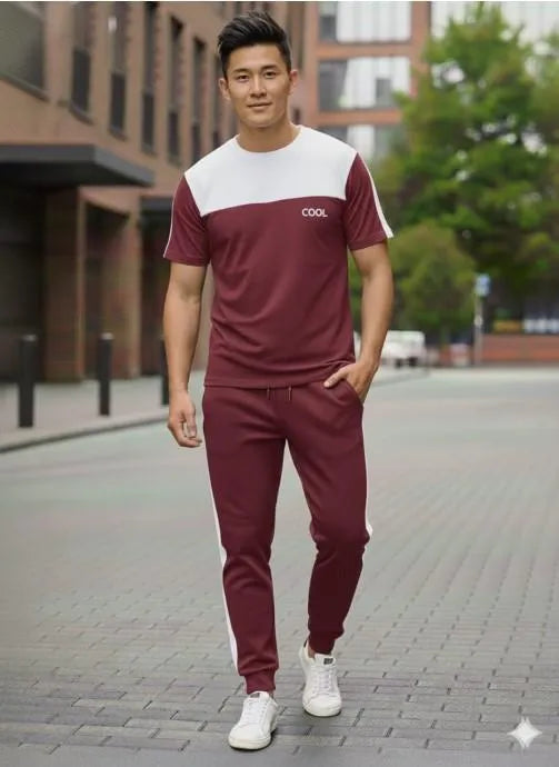 Men's Premium Dri-Fit Colorblock Maroon Round Neck Tracksuit Set