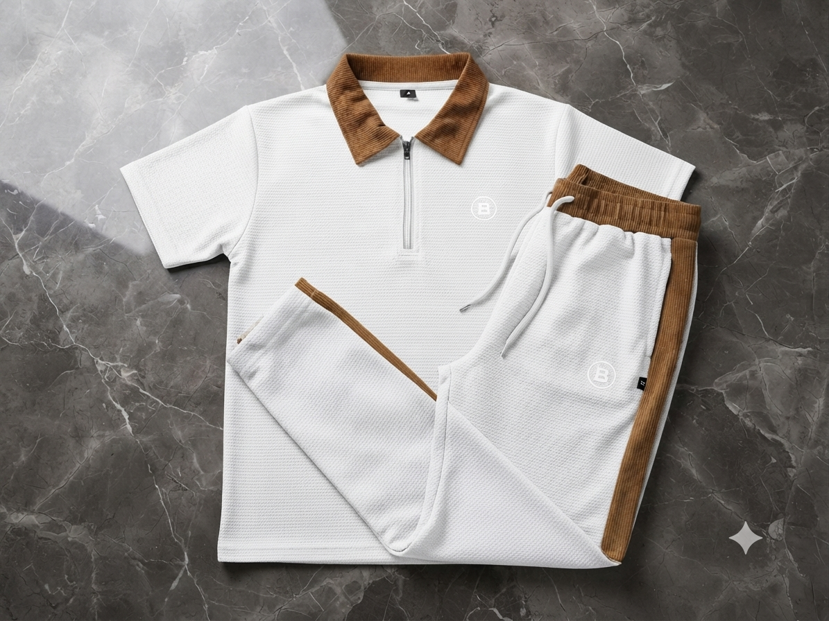 Premium Men's "Design IB" White & Brown Dry-Fit Tracksuit Set