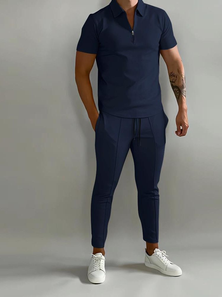 Men's Summer Casual Slim Fit 2-Piece Zipper Polo & Sports Pant Suit