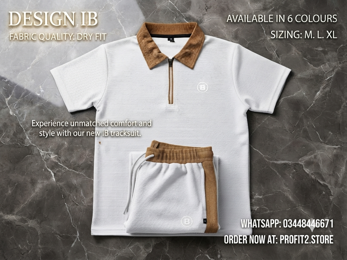 Premium Men's "Design IB" White & Brown Dry-Fit Tracksuit Set