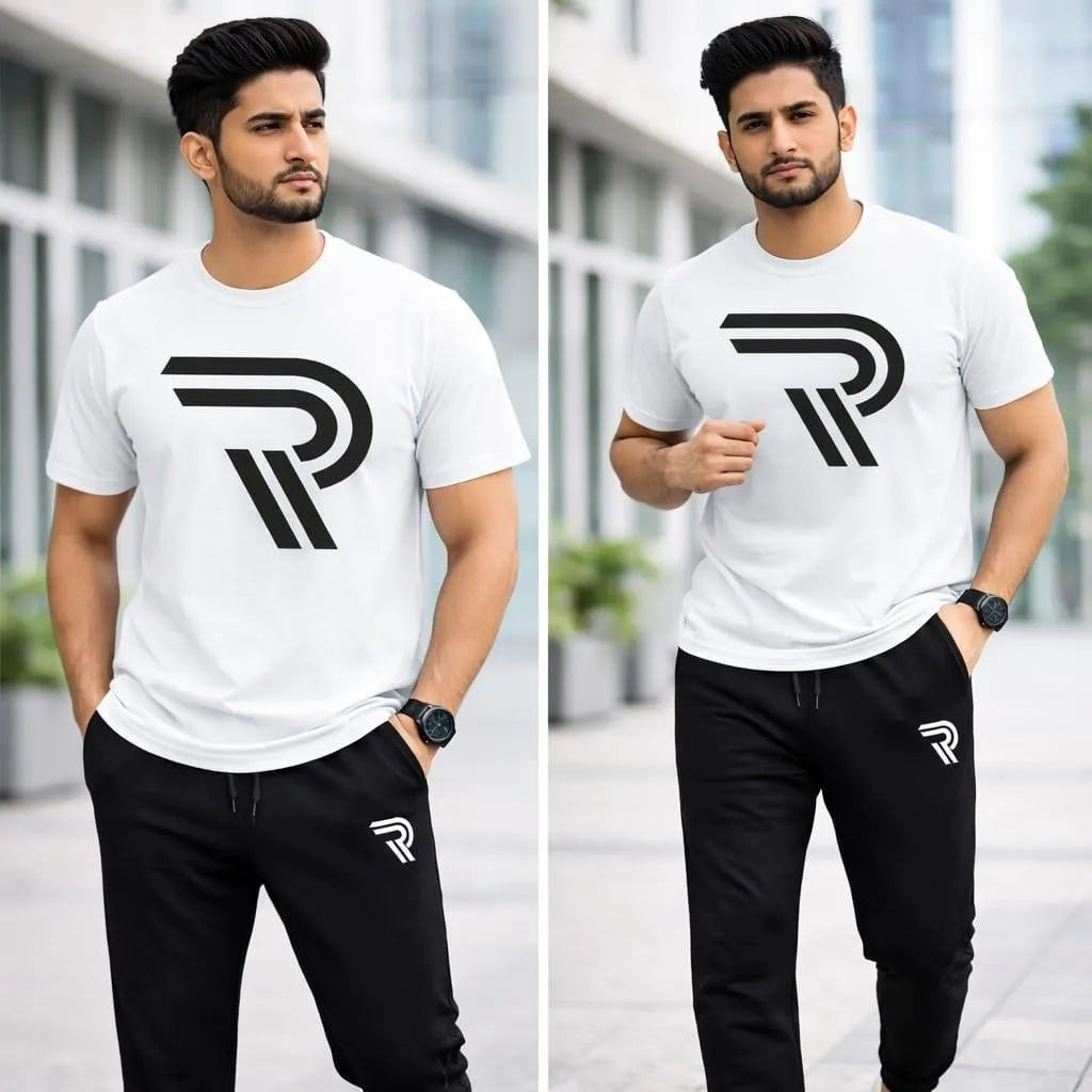 Men's Premium R-Flex Signature Graphic White T-Shirt & Black Trouser Set