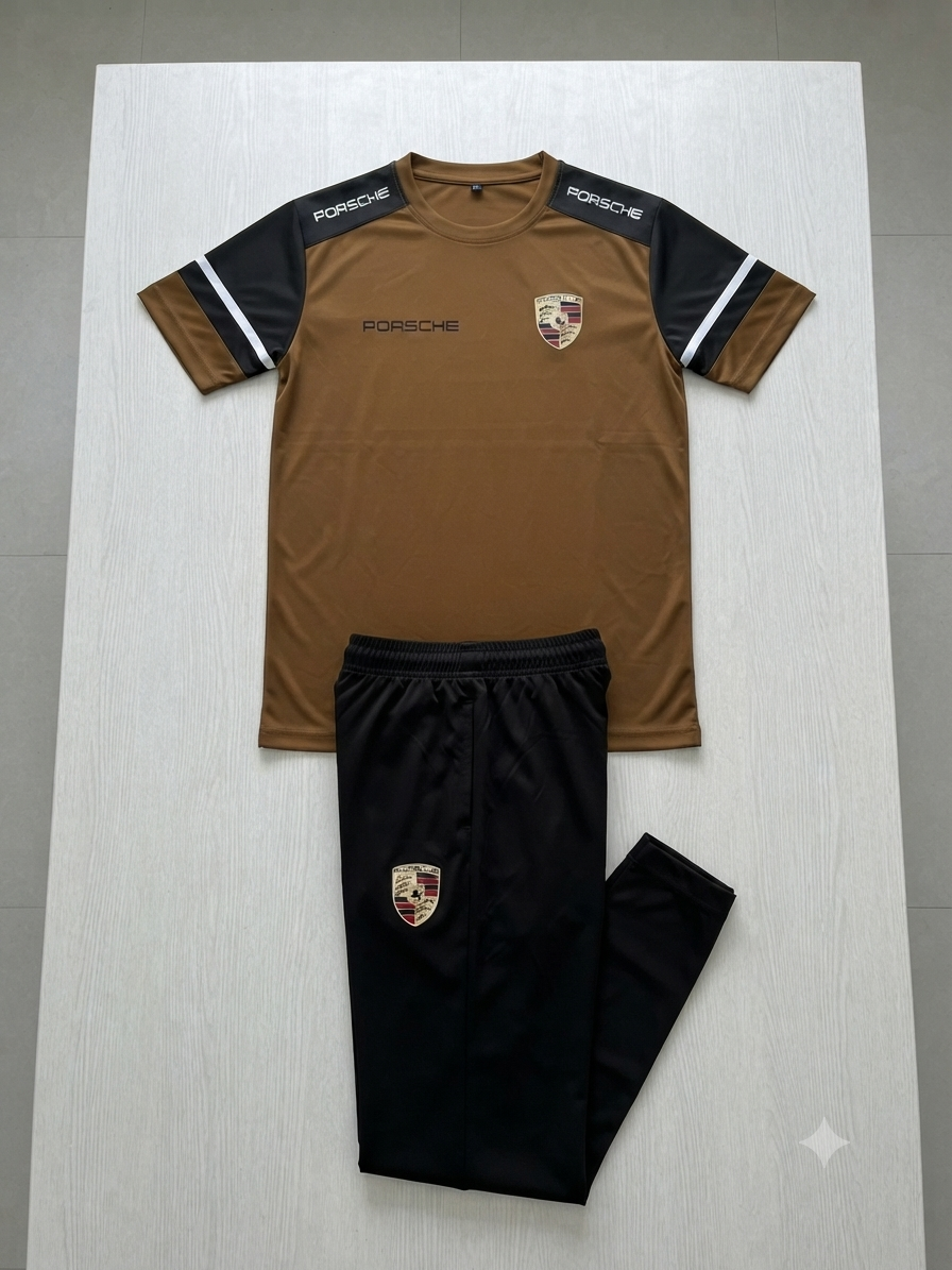 Men's Premium Porsche Printed Dry Fit Tracksuit Combo - Special Edition Brown
