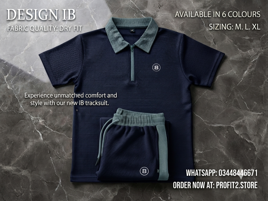 Premium Men's "Design IB" Navy Blue & Grey Dry-Fit Tracksuit Set