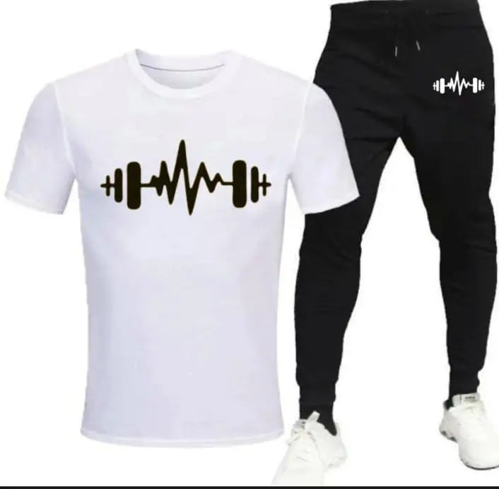 Men's Premium White Printed Jersey Tracksuit Combo 
Stylish 2-Piece Round Neck Workout Fitness Gym Wear