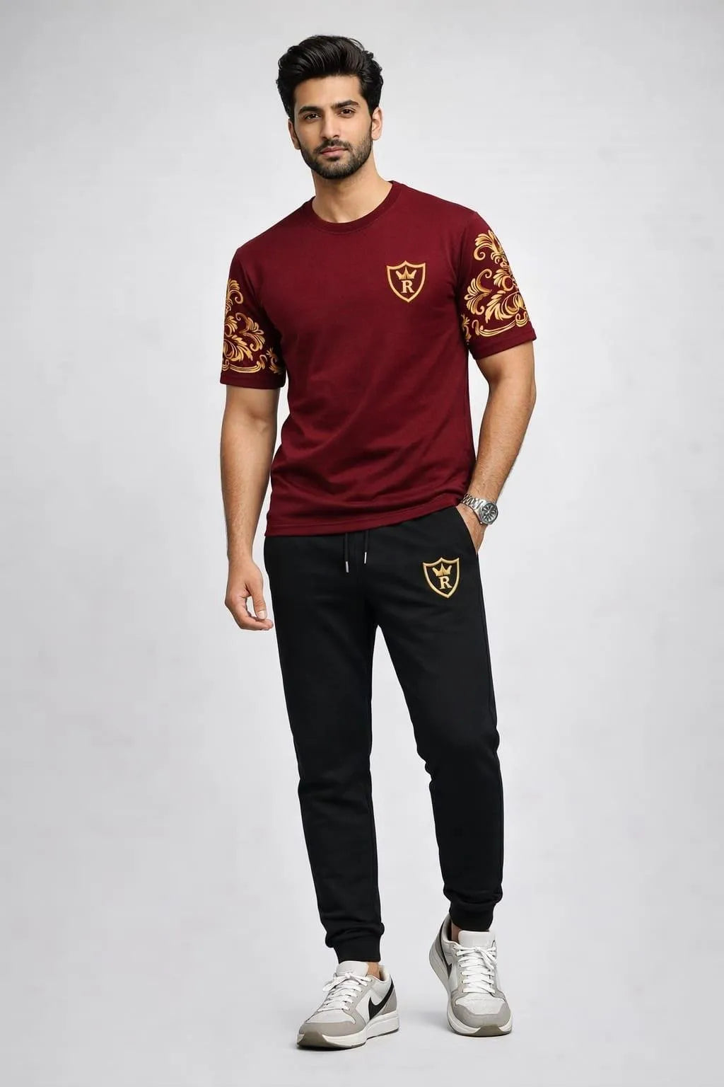 Men mahroon rich man royal printed Track suits cotton summer set