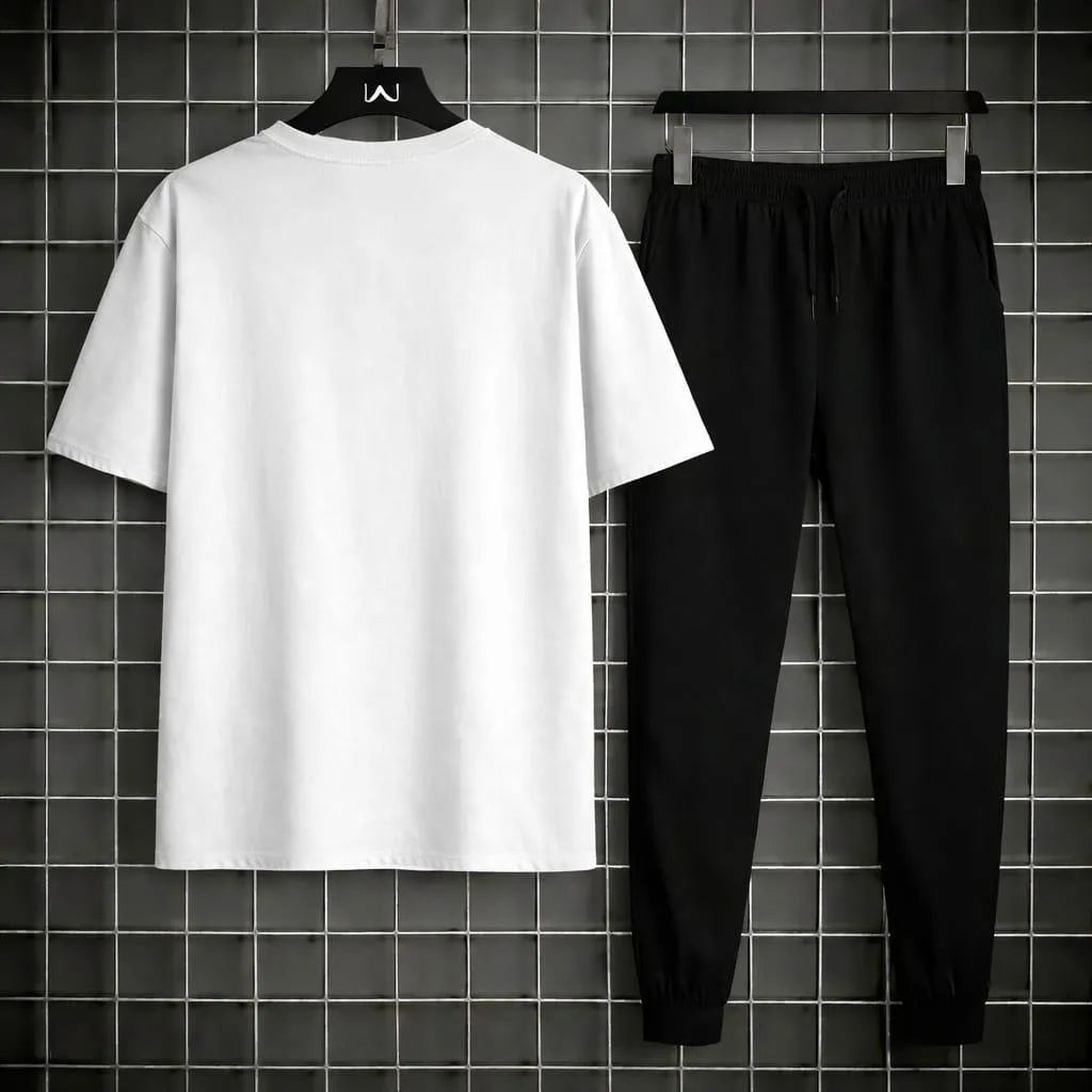 Men's Premium R-Flex Signature Graphic White T-Shirt & Black Trouser Set