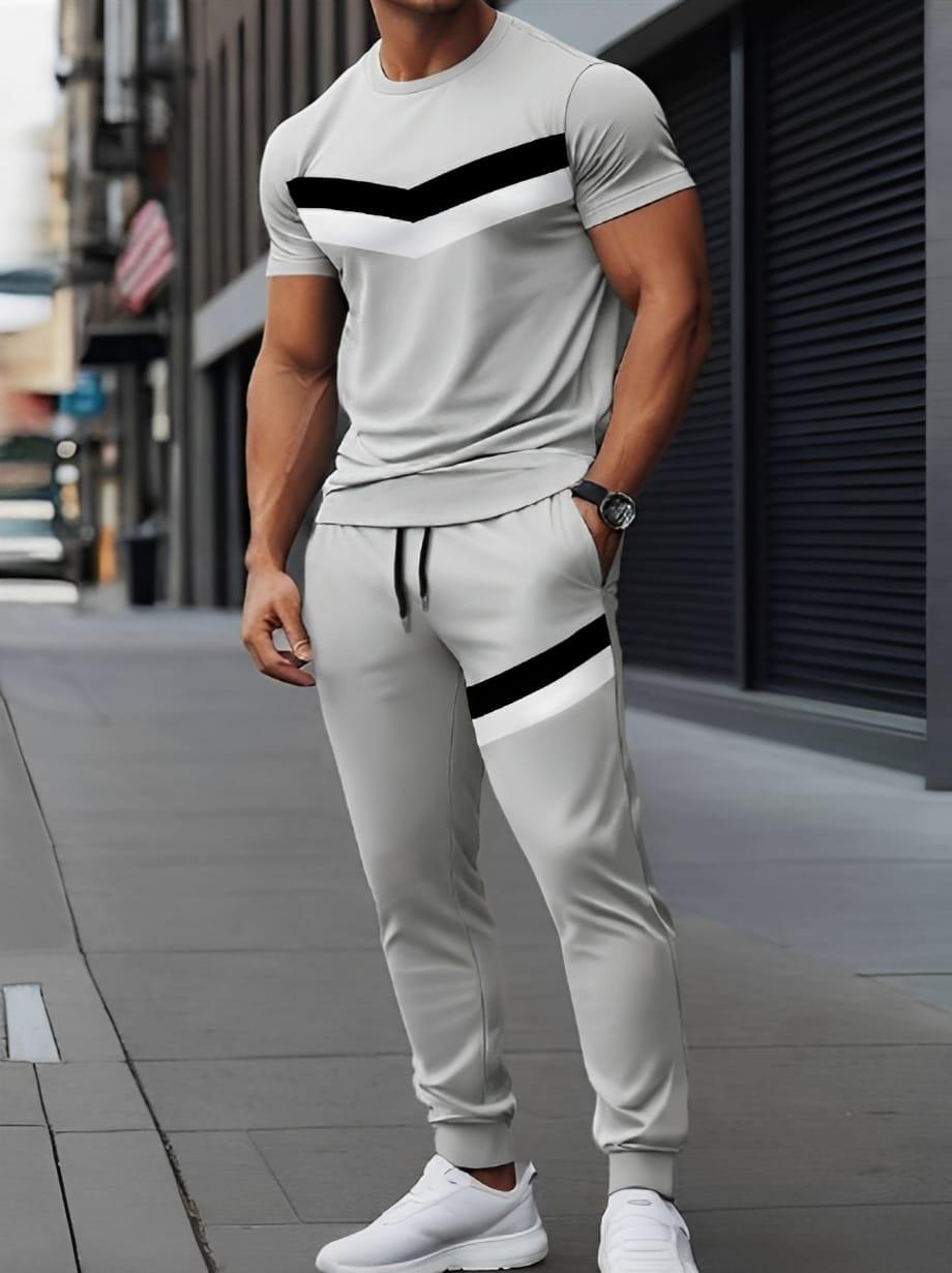 Men's Summer Casual Slim Fit 2-Piece Round Neck Chevron Tracksuit Set