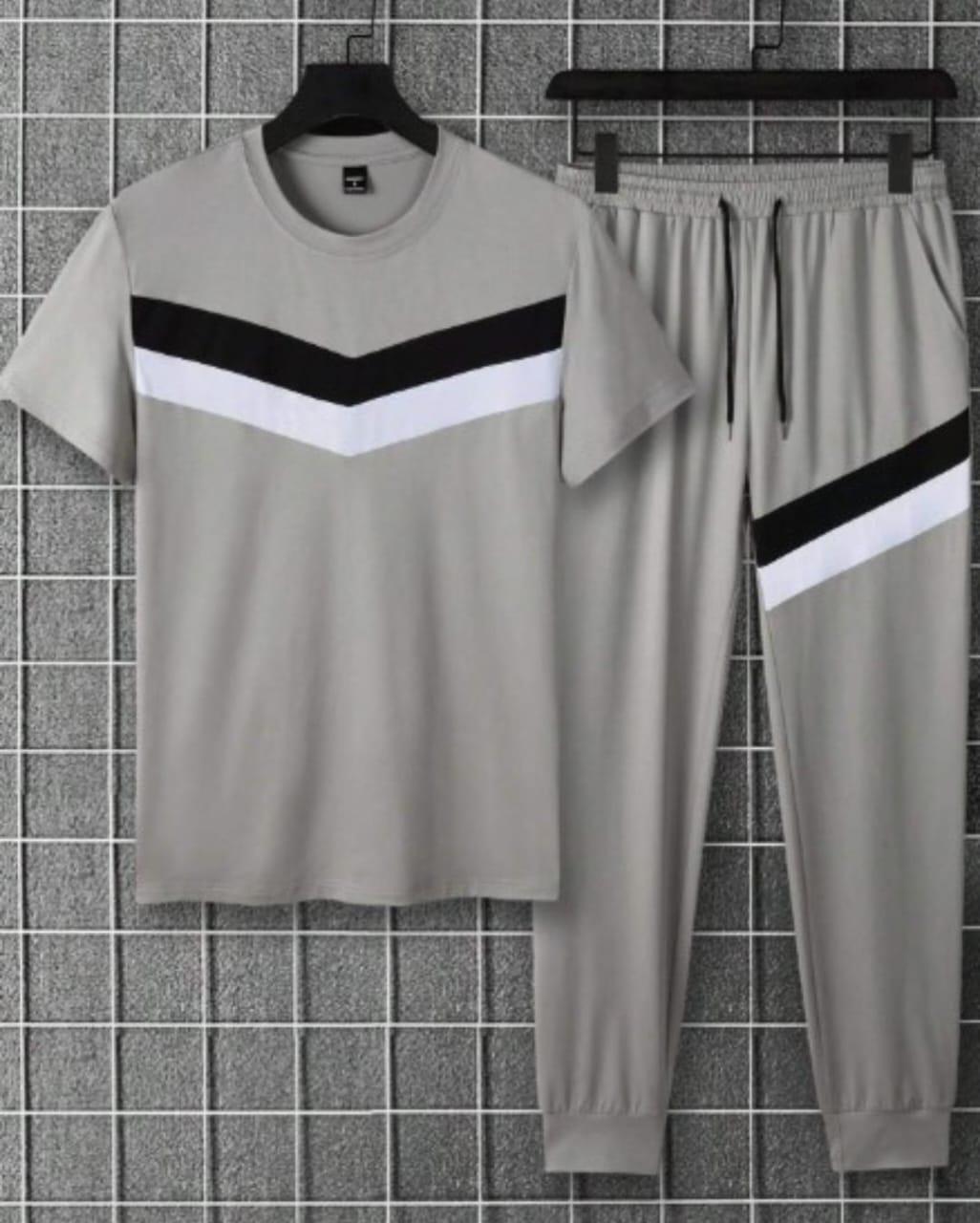 Men's Summer Casual Slim Fit 2-Piece Round Neck Chevron Tracksuit Set