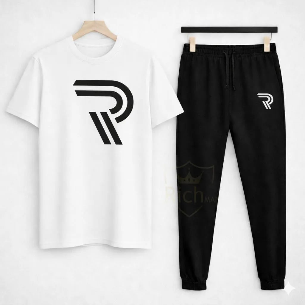 Men's Premium R-Flex Signature Graphic White T-Shirt & Black Trouser Set