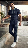 Premium Men's "Design IB" Navy Blue & Grey Dry-Fit Tracksuit Set