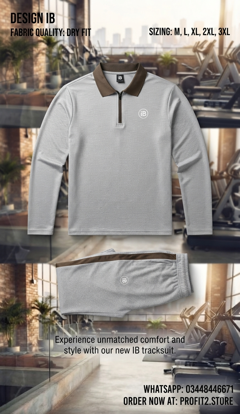 DESIGN IB Premium Dry Fit Tracksuit - Grey Brown | Polo Collar | M-3XL