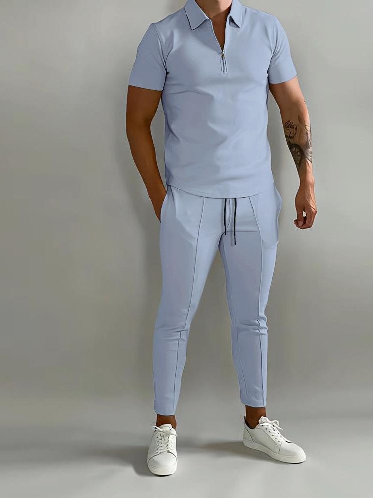 Men's Summer Casual Slim Fit 2-Piece Zipper Polo & Sports Pant Suit