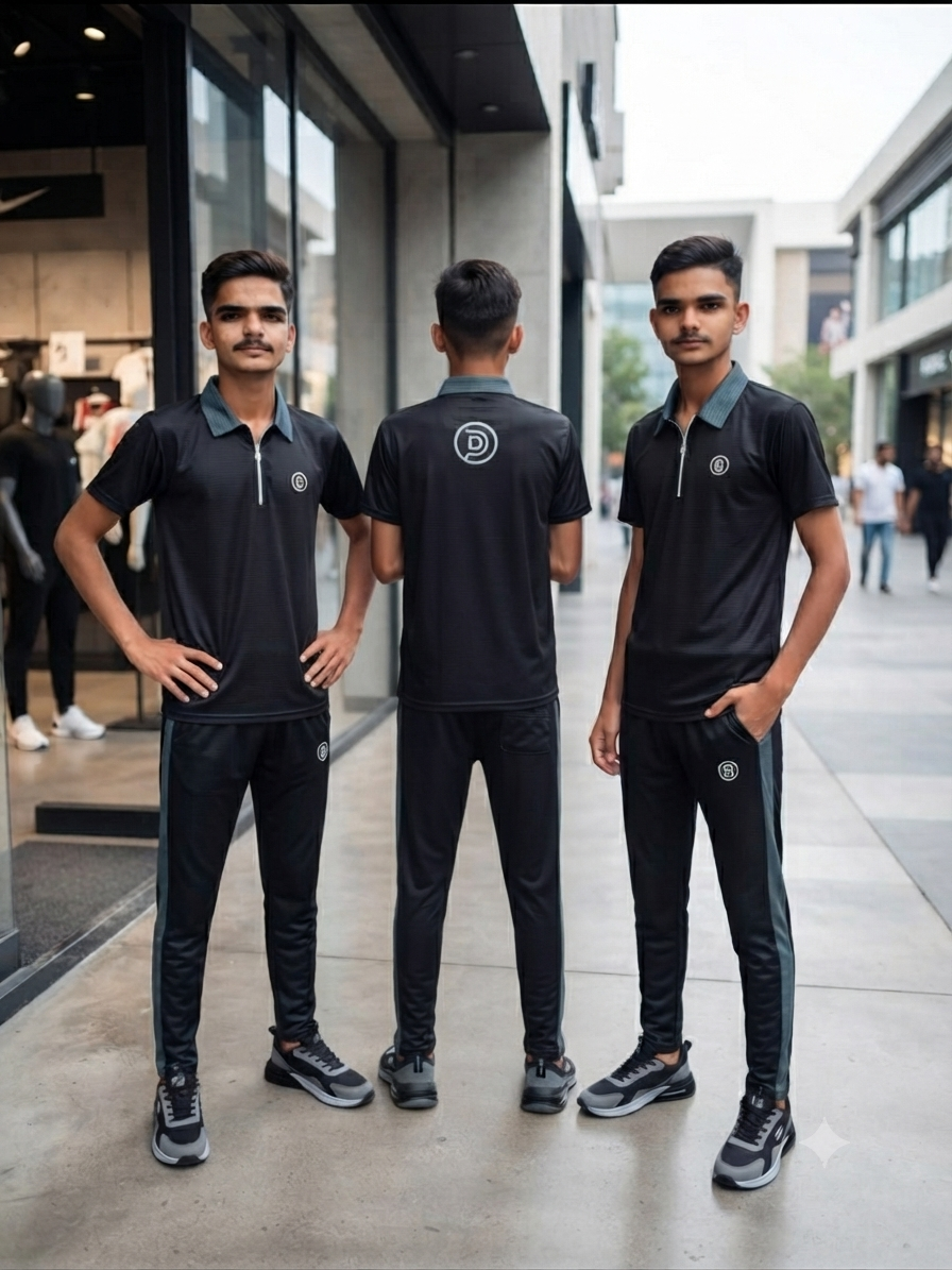 Premium Men's "JB Athletics" Jet Black & Grey Dry-Fit Tracksuit Set