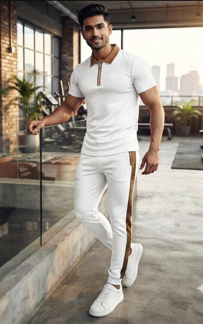 Premium Men's "Design IB" White & Brown Dry-Fit Tracksuit Set