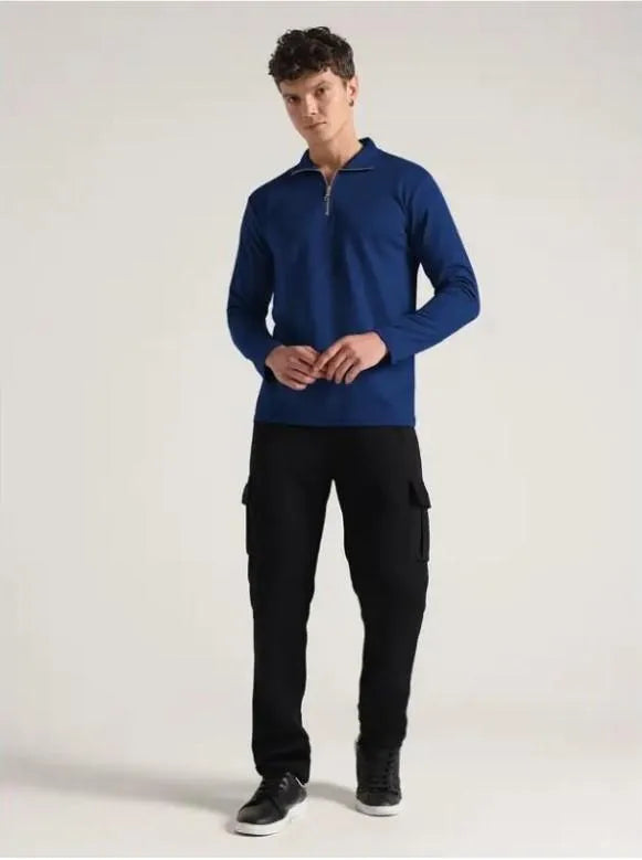 Men's Premium Blue Half-Zipper Dri-Fit Tracksuit Combo
Stylish 2-Piece High Neck Collar Shirt & Cargo Jogger Set