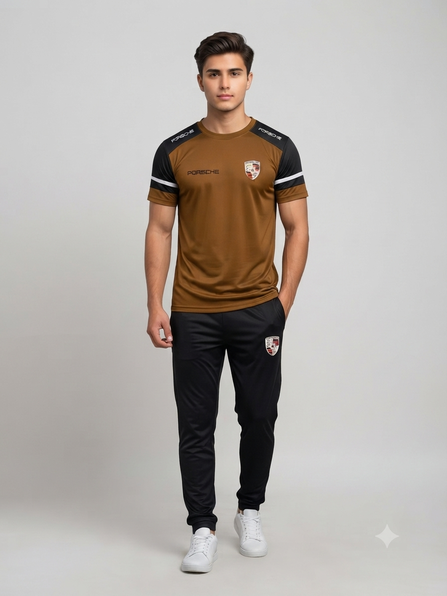 Men's Premium Porsche Printed Dry Fit Tracksuit Combo - Special Edition Brown
