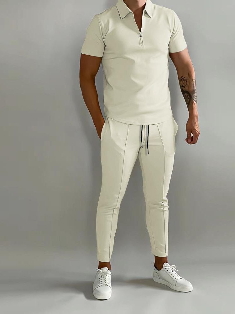 Men's Summer Casual Slim Fit 2-Piece Zipper Polo & Sports Pant Suit