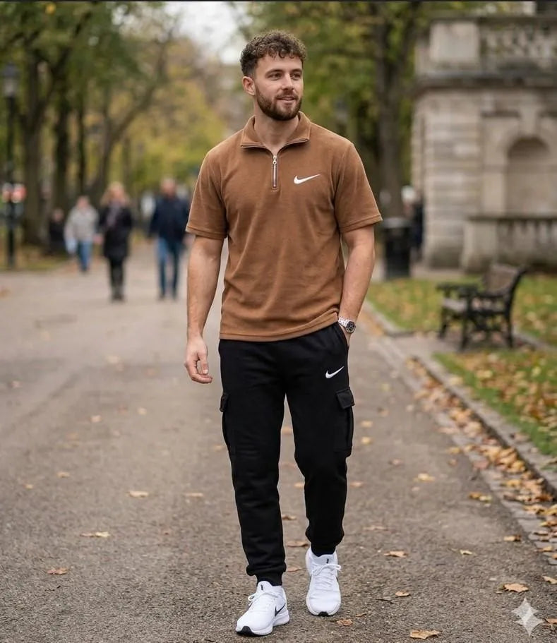 Nike Premium Dri-Fit Ban Collar Tracksuit with Cargo Trouser - Brown & Black