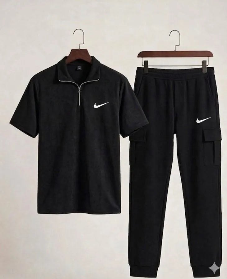 Men's Premium Nike Printed Black Tracksuit - Half-Zipper Shirt & Cargo Trouser