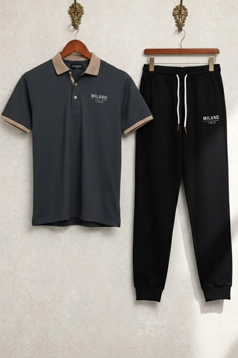 Men's Premium Milano Italia Printed Polyester Polo Tracksuit Combo
Stylish 2-Piece Contrast Collar Shirt  Trouser Set