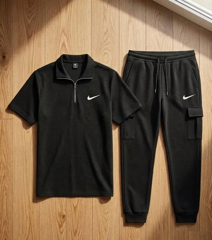 Men's Premium Nike Printed Black Tracksuit - Half-Zipper Shirt & Cargo Trouser