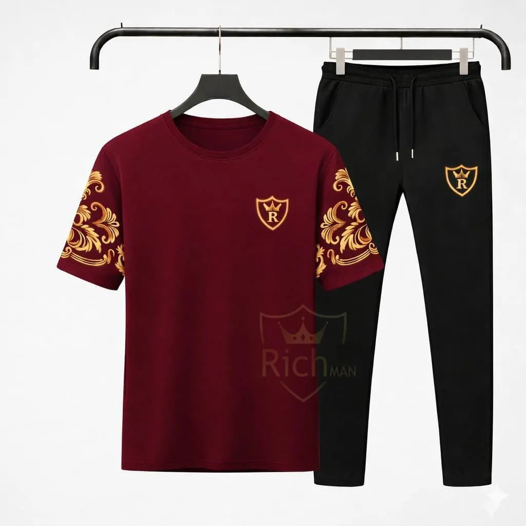 Men mahroon rich man royal printed Track suits cotton summer set