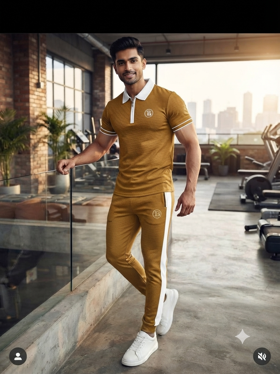 Premium Men's "Design IB" Mustard & White Dry-Fit Tracksuit Set