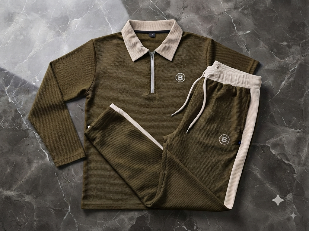 DESIGN IB Premium Dry Fit Tracksuit - Olive Beige | Polo Collar | M-3XL