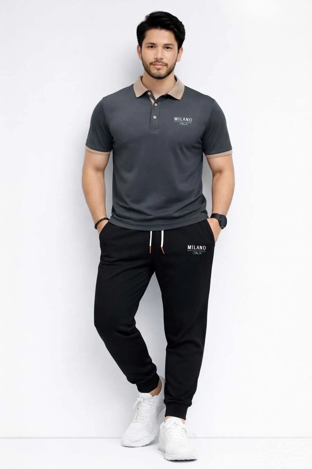 Men's Premium Milano Italia Printed Polyester Polo Tracksuit Combo
Stylish 2-Piece Contrast Collar Shirt  Trouser Set
