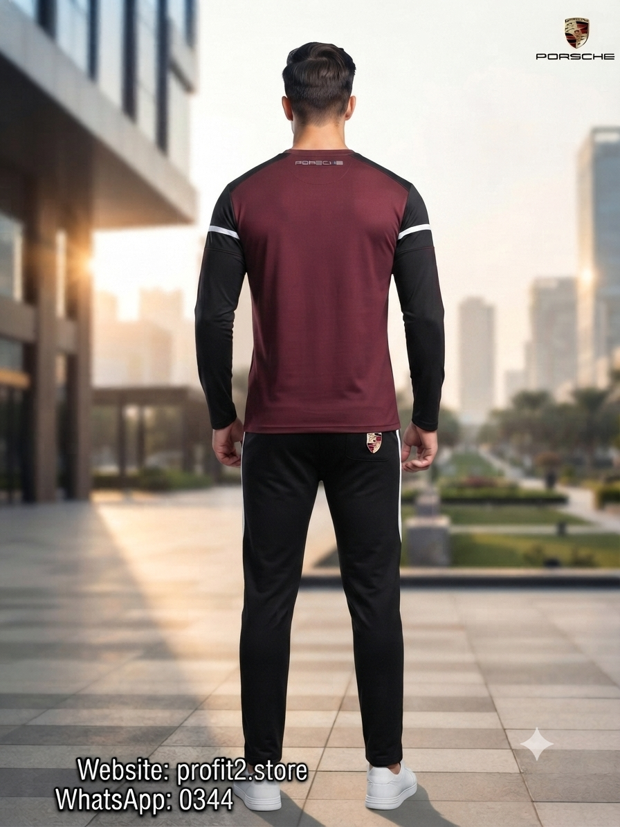 Premium Porsche Men's Maroon & Black Limited Edition Dry-Fit Tracksuit Set